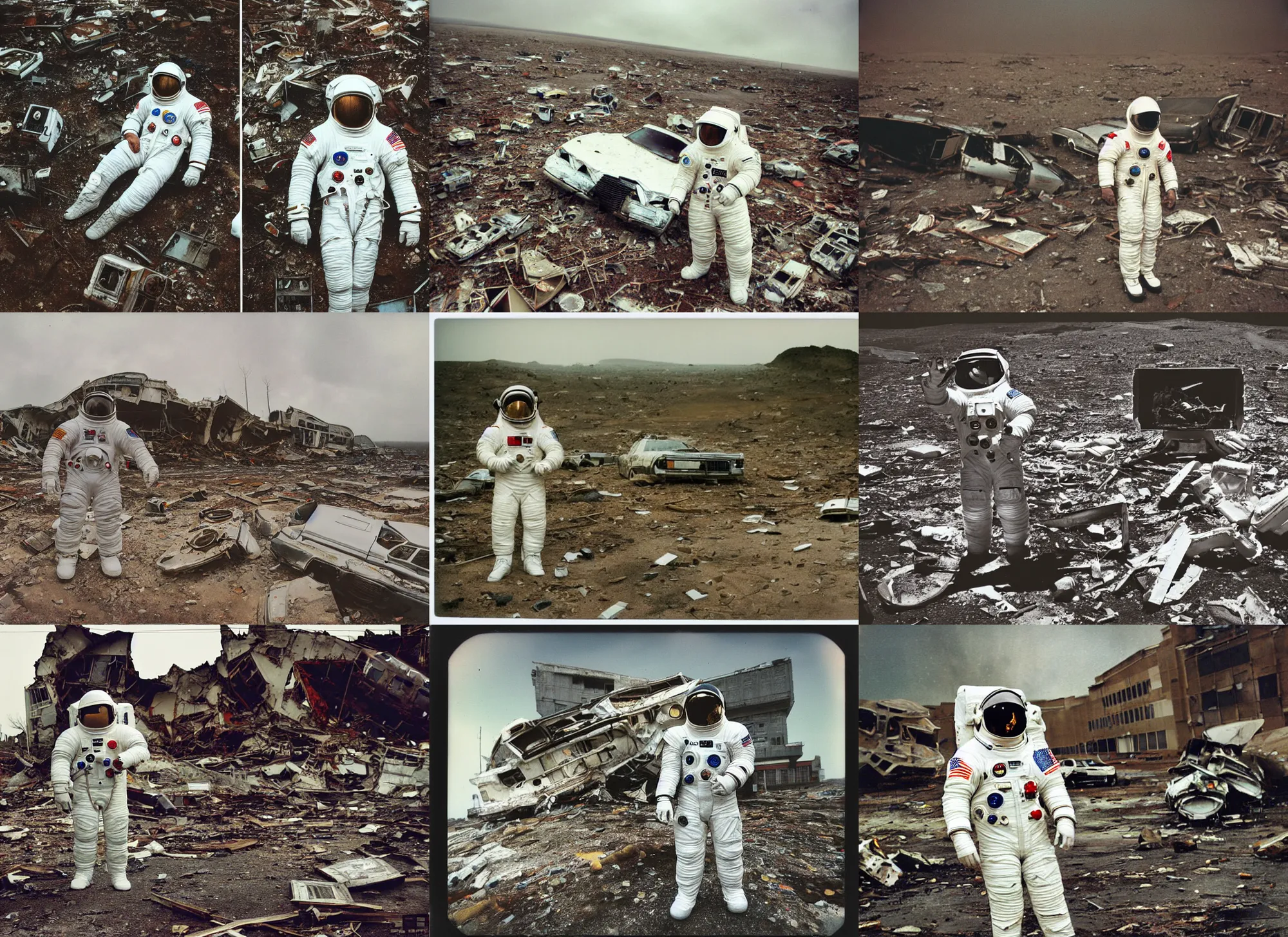 Prompt: american white spacesuit astronaut in postapocalyptic abandoned destroyed crater, wrecked buildings, destroyed flipped wrecked cars, polaroid photo, vintage, neutral colors, rainy day, by gregory crewdson