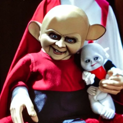 Image similar to a nun in church holding chucky the evil looking killer doll on her lap