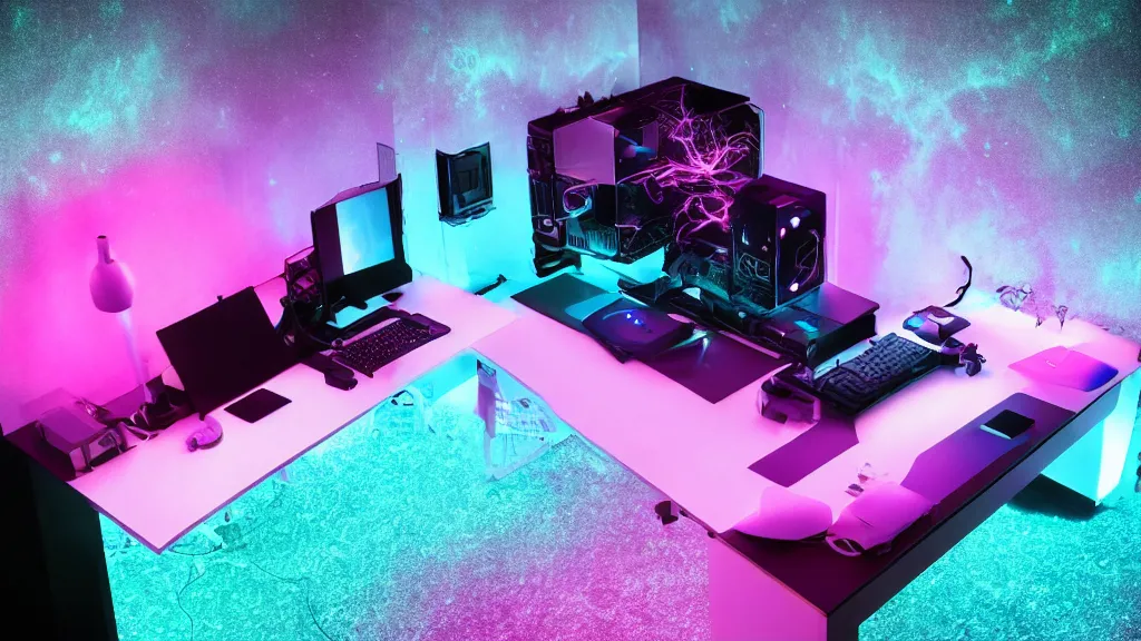 Image similar to a galactic overpowered computer. (cyan, pink, purple, orange) Overclocking, watercooling, custom computer, nebula, mat black metal, alienware, cosmic design, desktop computer, nebula, galactic, space, minimalist desk, minimalist home office, whole room, minimalist, Beautiful dramatic dark moody tones and lighting, orange neon, Ultra realistic details, cinematic atmosphere, studio lighting, shadows, starts lighting, starts, dark background, dimmed lights, industrial architecture, Octane render, realistic 3D, photorealistic rendering, 8K, 4K, computer setup, highly detailed