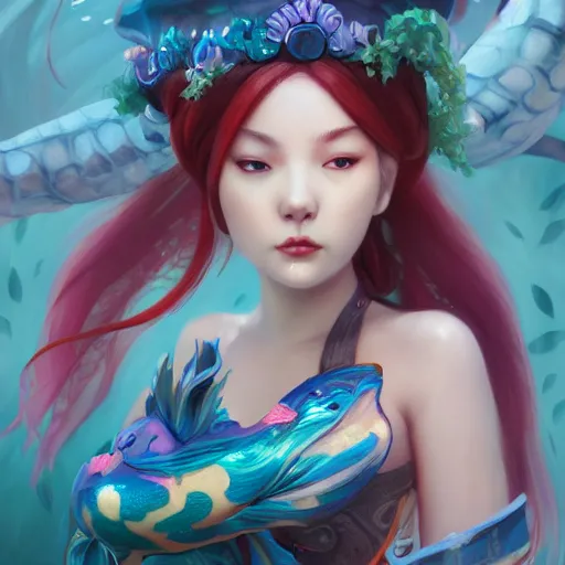 Image similar to a magical koi fish goddess, huggy wuggy from poppy playtime video game, fullbody, ultra high detailed, oil painting, greg rutkowski, charlie bowater, yuumei, yanjun cheng, unreal 5, daz, hyperrealistic, octane render, rpg portrait, dynamic lighting, fantasy art, beautiful face