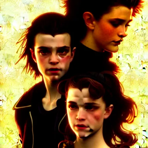 Image similar to Twilight version of Stranger Things, Portrait of Edward and Bella, diffuse lighting, fantasy, intricate, elegant, highly detailed, lifelike, photorealistic, digital painting, artstation, illustration, concept art, smooth, sharp focus, art by Alphonse Mucha