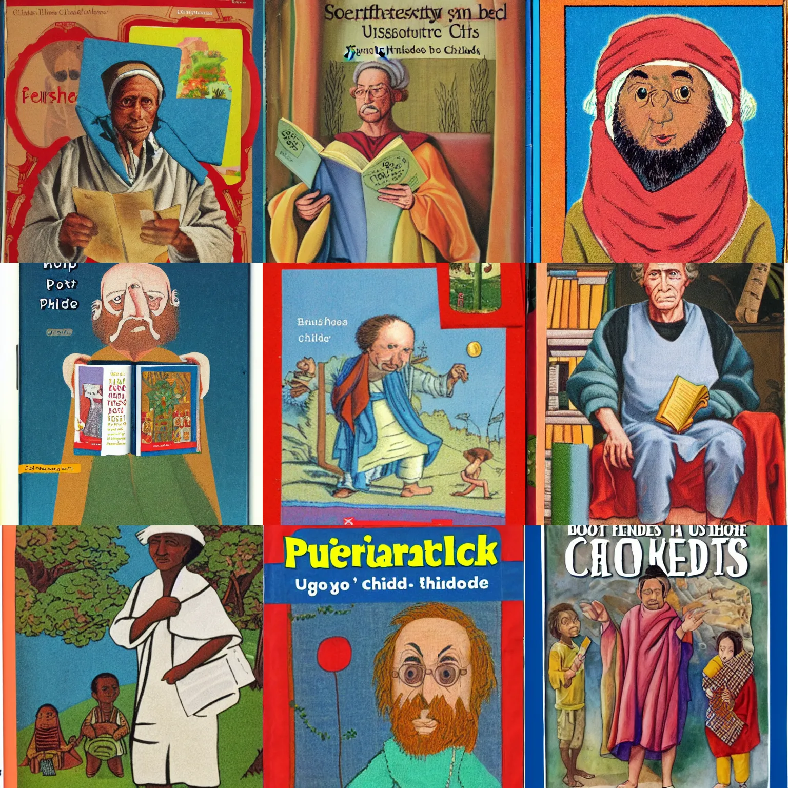 Prompt: philosopher wearing sack cloth on a cover of an Usborne children's book