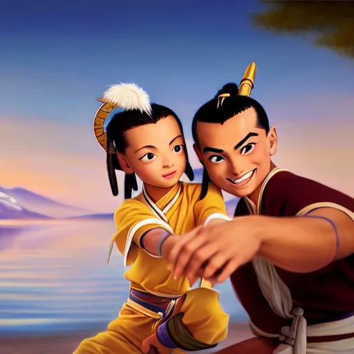 Prompt: beautiful serene intricate photograph of sokka and suki taking a selfie, smiling softly, relaxing on the beach, golden hour, soft focus, 8 k, art by irakli nadar, hyperrealism, hyperdetailed, ultra realistic