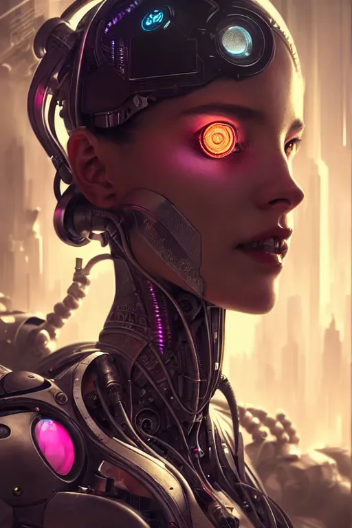 Image similar to ultra realistic, beautiful female cyborg in a crowded smoky cyberpunk club in space megalopolis, sci - fi, intricate details, eerie, highly detailed, octane render, 8 k, art by artgerm and alphonse mucha and greg rutkowski