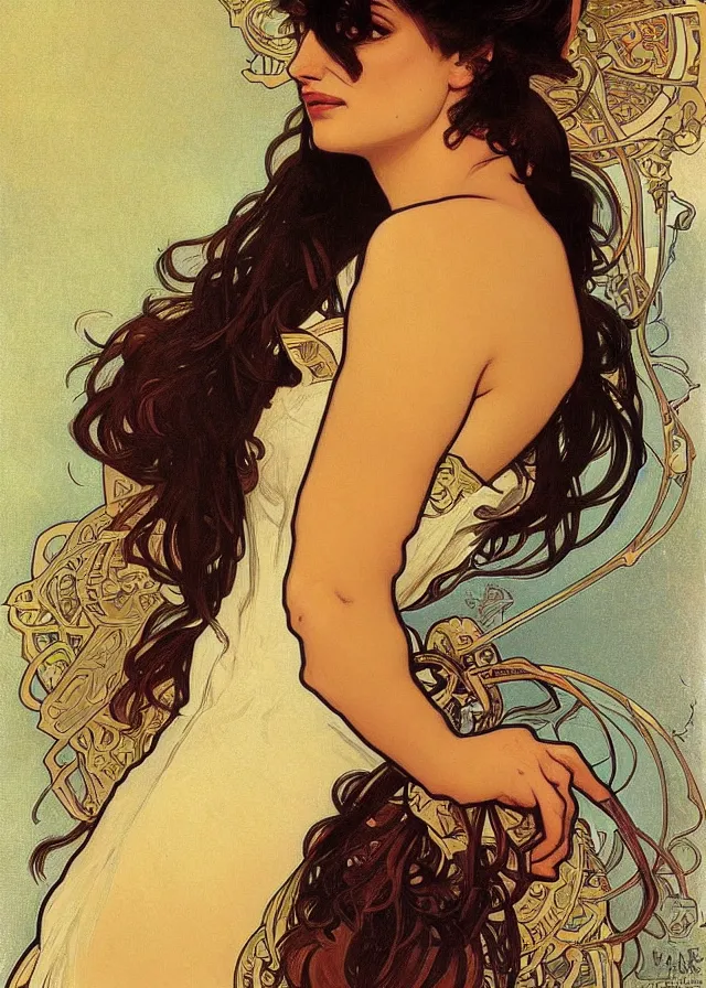 Image similar to portrait of penelope cruz, artwork by alphonse mucha