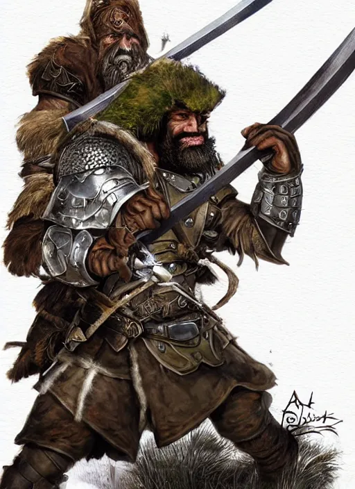 Image similar to strong young man, photorealistic bugbear ranger holding aflaming sword, black beard, dungeons and dragons, pathfinder, roleplaying game art, hunters gear, jeweled ornate leather and steel armour, concept art, character design on white background, by alan lee, norman rockwell, makoto shinkai, kim jung giu, poster art, game art