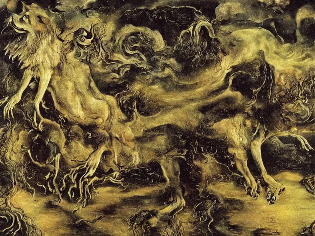 Image similar to wolf in heavy rainstorm. painting by salvador dali, lucas cranach