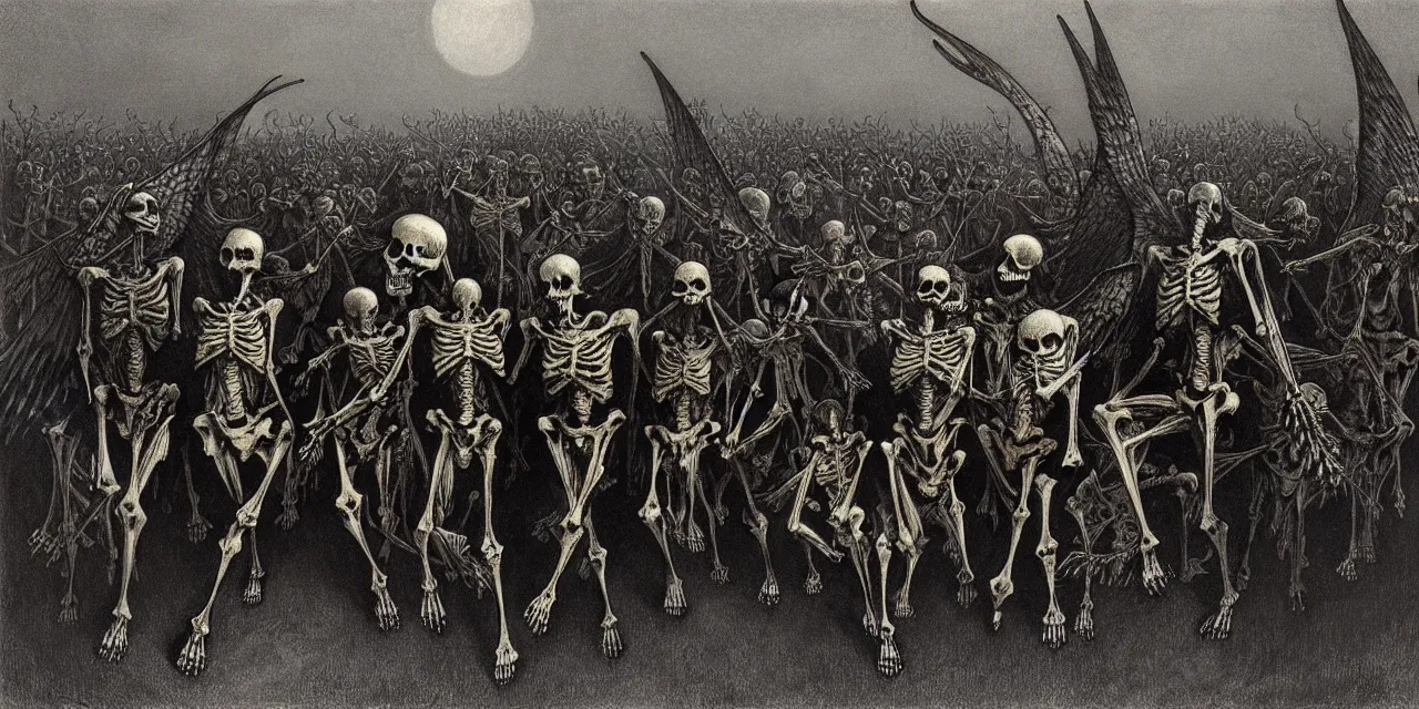 Prompt: winged satanic skeleton gang emerge from the cemetery on a dark night by zdzisław beksinski and gustave dore and alphonse mucha