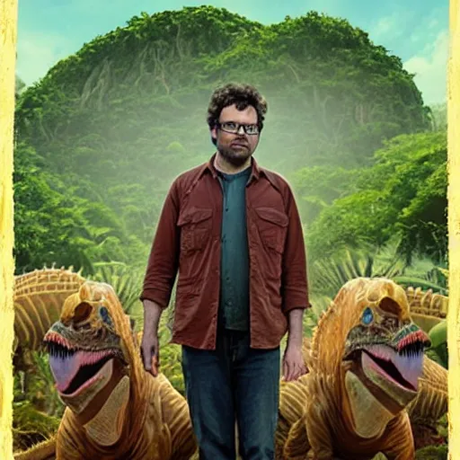 Prompt: jemaine clement starting in Jurassic park satire film, movie poster, anatomically correct, symmetrical