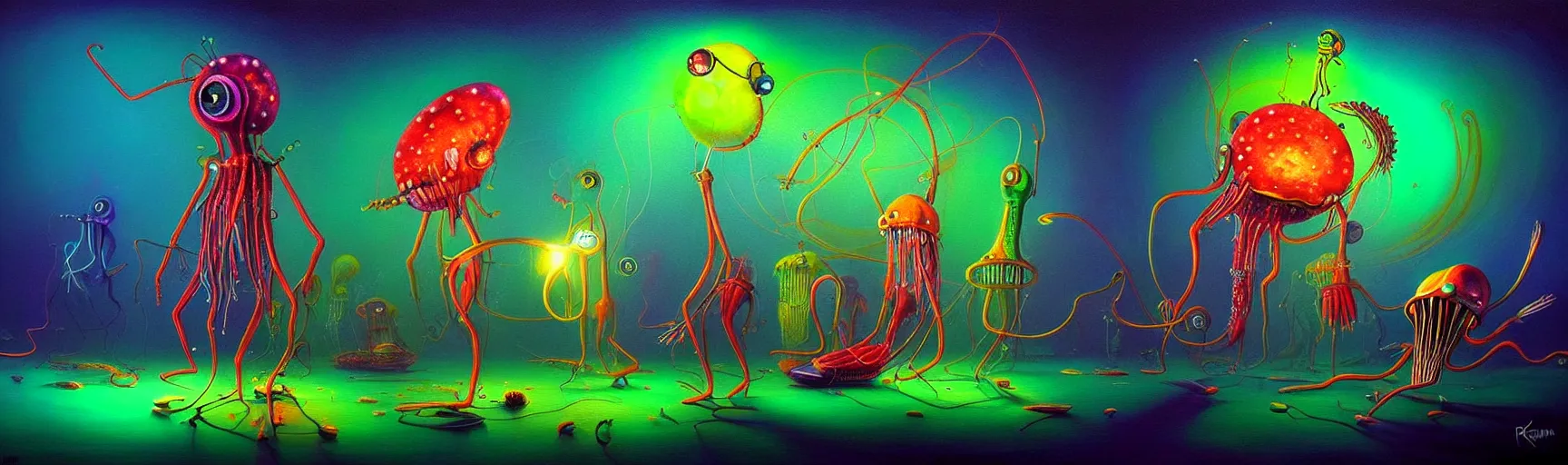 Image similar to strange plankton creatures from the depths of the collective unconscious, dramatic lighting, surreal darkly colorful painting by ronny khalil