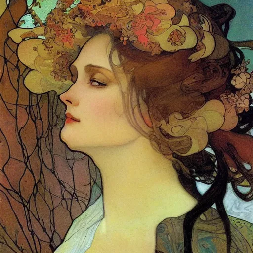 Prompt: woman's sideface, beautiful background, by alfons maria mucha, highly detailded