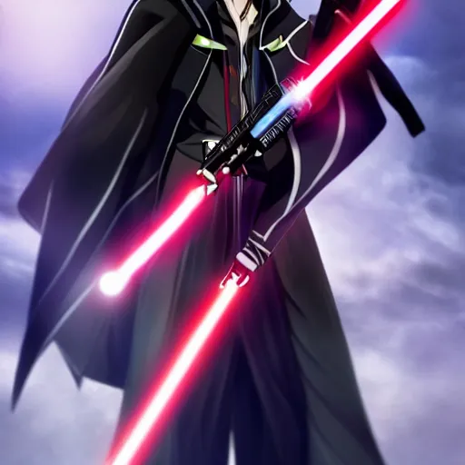 Image similar to eccentric Lelouch Lamperouge holding a lightsaber, mysterious man, octane 8k, beautiful scenery, aesthetic cyberpunk