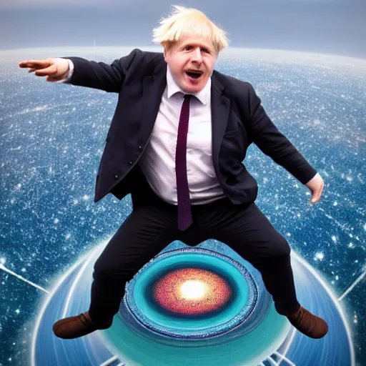 Prompt: And then i was on top of a giant record Trying to run from the needle's eye The universe turned inside out Boris Johnson stood idly by