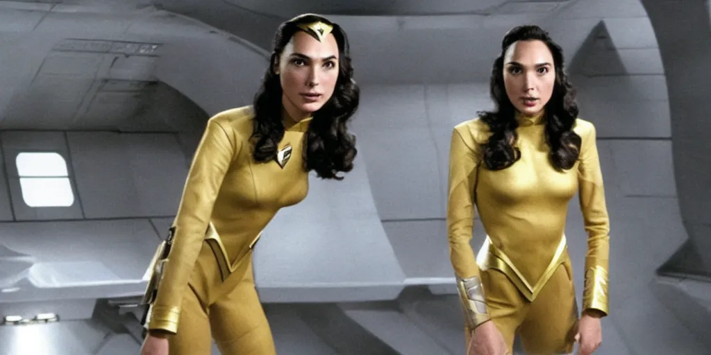 Image similar to Gal Gadot, in Starfleet uniform, in the role of Captain Kirk in a scene from Star Trek the original series, Tribble episode