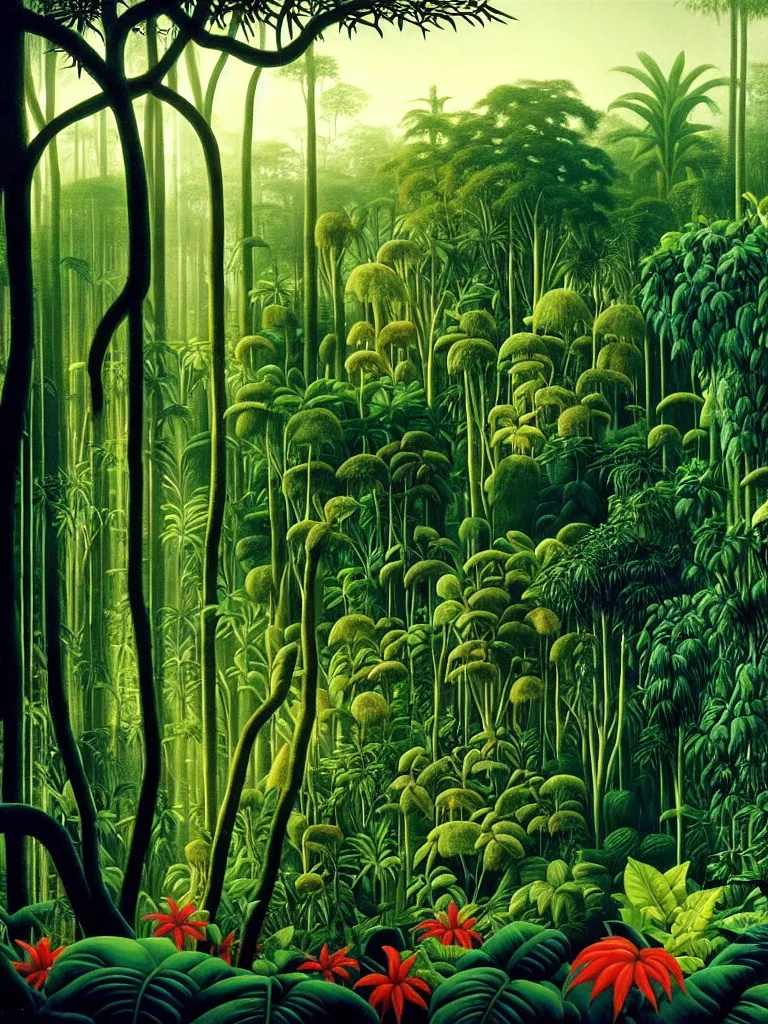 Prompt: A photorealistic painting of the lush interior of a Malaysian jungle, forest canopy covers the morning sunlight, dense exotic tropical flora and fauna gives a foreboding atmosphere where time seems to stand still, creeping vines hangs like bloody entrails, tree roots like severed human limbs as imagined by Martin Johnson Heade, Hiroshi Sugimoto, Henri Rousseau, medium close up shot, wide angle lens, anaglyph filter, cinematic mood lighting, National Geographic photograph, British Pathe archive, cinematography of Apocalypse Now (1977), trending on Art Station.