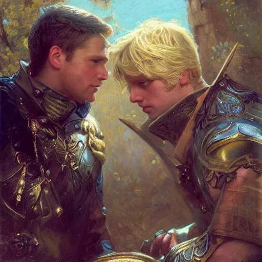 Image similar to attractive male, arthur pendragon who has blond hair confesses his love to attractive male, merlin who has dark hair. highly detailed painting by gaston bussiere, craig mullins, j. c. leyendecker 8 k