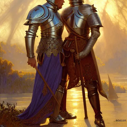 Image similar to attractive arthur pendragon and his favourite attractive male knight, they are in love, camelot, natural lighting, path traced, highly detailed, high quality, digital painting, by gaston bussiere and ross tran and j. c. leyendecker and alphonse mucha