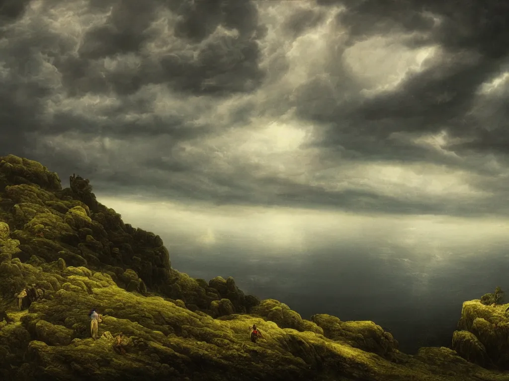 Image similar to detailed landscape, high cliff, very detailed dark super storm, hyper realistic clouds, impressive, magical, very atmospheric, smoke boiling, cinematic, deep, very high complexity, stunning, masterpiece, chiaroscuro, in the style of caspar david friedrich, very detailed. 4 k