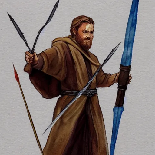 Image similar to Obi Wan Kenobi as a dungeons and dragons character with a bow and arrow, watercolor, trending on artstation