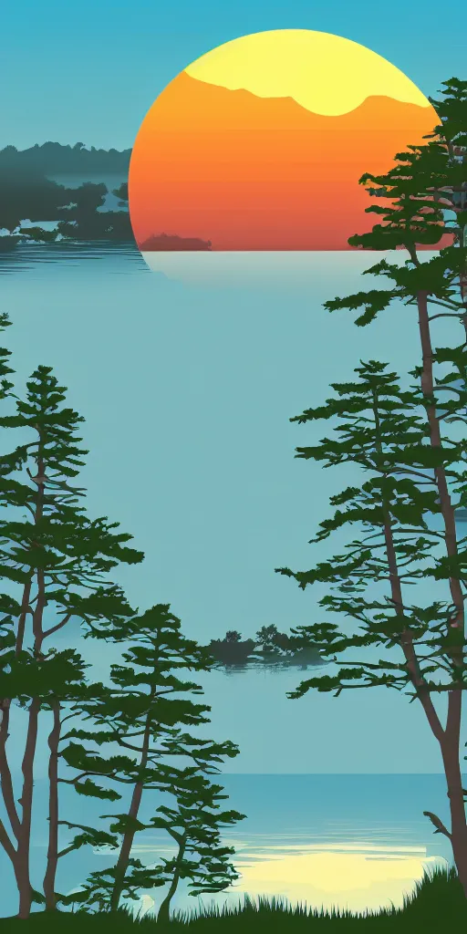 Prompt: shirt design, vector style, a lake and japanese pines to the left of the scene, big red sun, fresh modern look, made with photoshop,