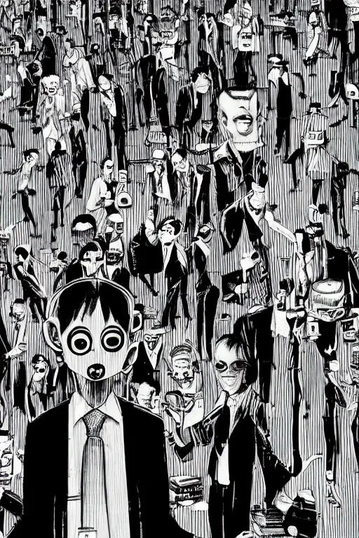 Image similar to junji ito illustration of an orange-headed businessman, creepy face, cyberpunk city