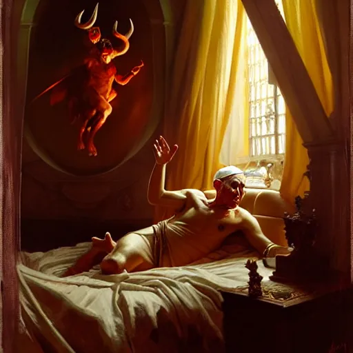 Image similar to the pope is in his bed, sweating, nervous and terrified, because a double horned shadow demon from hell lurks in the wall of the bedroom. highly detailed painting by gaston bussiere, j. c. leyendecker, greg rutkowski, craig mullins 8 k