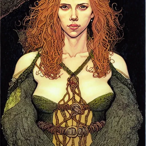 Image similar to a realistic, very beautiful and atmospheric portrait of scarlett johansson as a druidic warrior wizard looking at the camera with an intelligent gaze by rebecca guay, michael kaluta, charles vess and jean moebius giraud