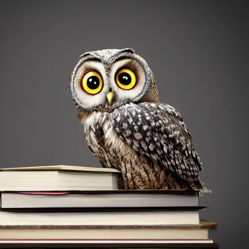 Prompt: long shot of a cute friendly owl sitting on a pile of books, by naoto hatori, by yoshita amano, by esao andrews, product photography, hyperrealistic, big depth of field, fresh colors, 3 d octane render conceptart, 4 k, highly detailed, trending on artstation