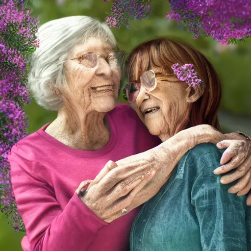 Image similar to A photo of 95-year-old lady hugging her 75-year-old daughter in a garden, concept art, trending on art station, 4k, 8k, high detailed, photorealistic