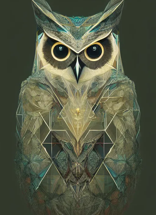 Image similar to portrait of a geometric owl, identical eyes, medium shot, illustration, full body made of white feathers, symmetrical, art stand, super detailed, cinematic lighting, and its detailed and intricate, gorgeous, by peter mohrbacher