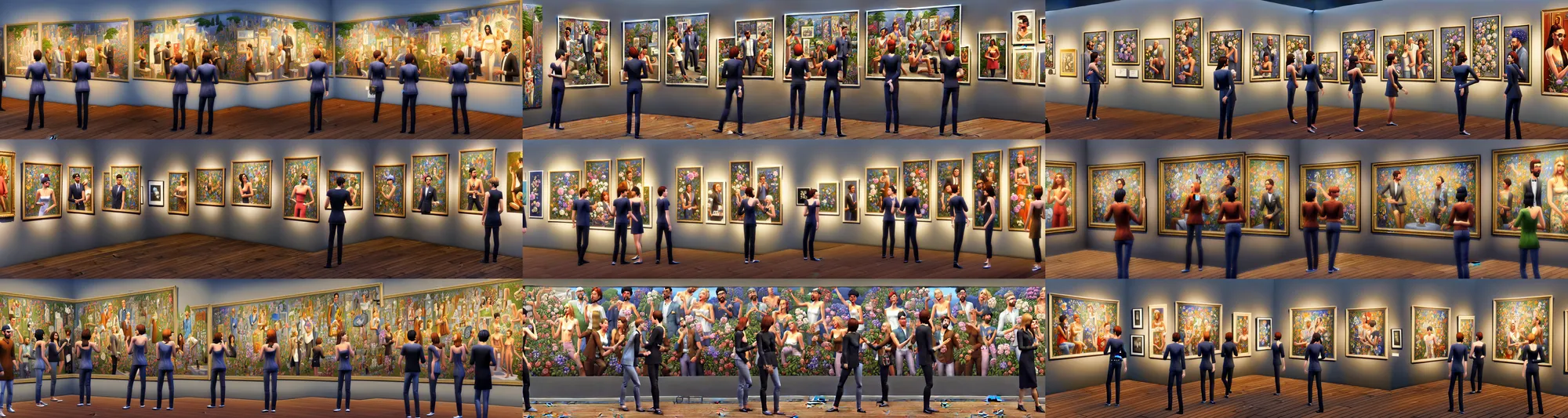 Prompt: a luxurious, triumphant, and ultradetailed mural, depicting a gallery exhibition in The Sims 4 of a hundred unique framed hyperrealist portraits
