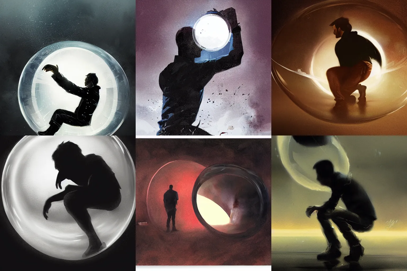 Prompt: silhouette of a man crouching on the floor in a bubble, tornado by greg rutkowski