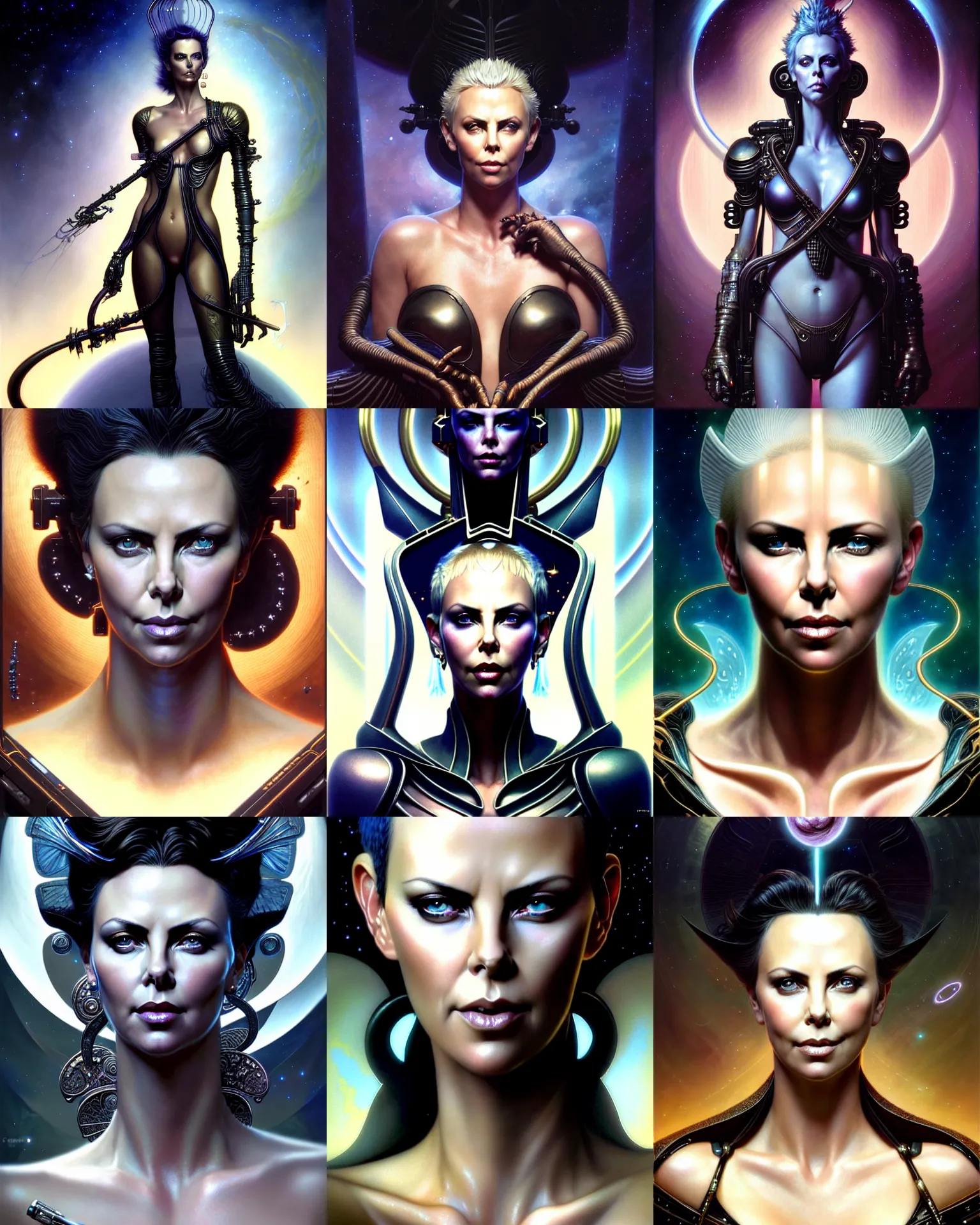 Prompt: beautiful gemini fantasy character portrait, charlize theron, jet black hair, ultra realistic, wide angle, intricate details, the fifth element artifacts, highly detailed by peter mohrbacher, hajime sorayama, wayne barlowe, boris vallejo, aaron horkey, gaston bussiere, craig mullins