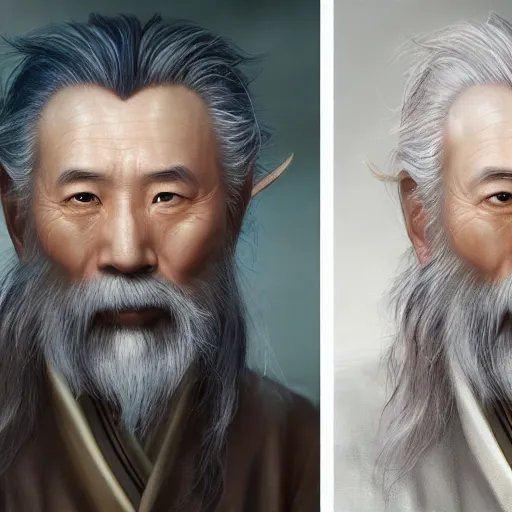 Image similar to portrait painting of a 6 0 year old kind handsome taoist priest, like runfa zhou, silver ponytail hair, amiable by wenjun lin, irakli nadar, bright colors, octopath traveler, wenjun lin, unreal engine 5 highly rendered, global illumination, radiant light, detailed and intricate environment