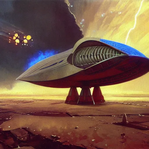 Image similar to a egyptian spaceship, stuck in the ground, the spaceship is on fire, smoke, rainstorm, lightning, angry, kinetic, john sargent, adolphe bouguereaum, norman rockwell, trending on artstation, highly detailed oil painting,