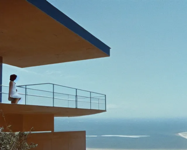 Image similar to a still of a young woman standing on a huge concrete white deck, high above the ground, of a minimalist beach house, outside view, low angle, clear sky and background, in the music video Wrapped Around your Finger (1983)