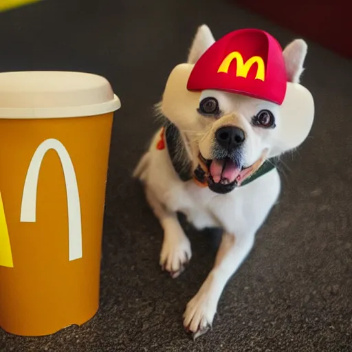 Prompt: photo of anthropomorphic dog working for mcdonalds, fur