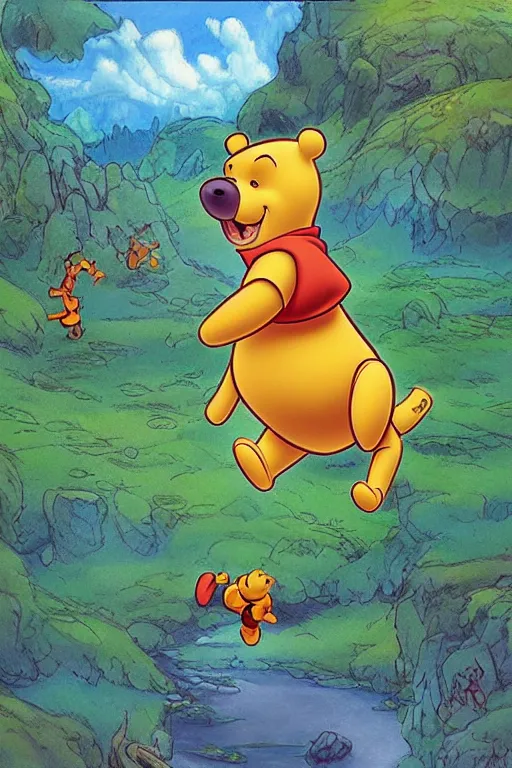 Prompt: “ a fusion of the many adventures of winnie the pooh background art and nausicaa of the valley of the wind background art ”