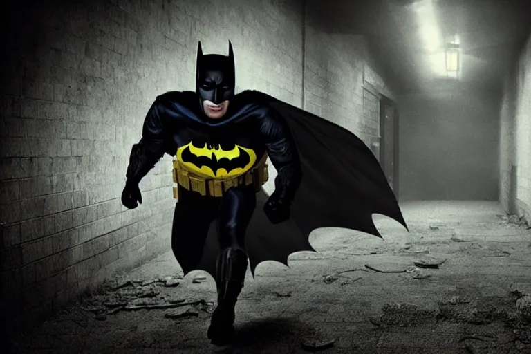 Image similar to batman covered in toilet paper, chasing through old brown decrepit hallway, creepy smile, atmospheric eerie lighting, photorealistic face, dim lighting, bodycam footage, motion blur, photography