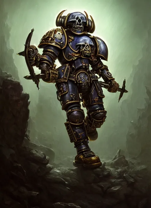 Prompt: chaplan with skull helm, extremly detailed digital painting, warhammer 4 0 k, strong rim light!!!!!, justin gerard, raymond swanland, tomasz alen kopera, unreal engine 5, intricate, exquisite lighting, highly detailed, cinematic lighting, art, octane render, very coherent, cinematic, 8 k, trending on artstation