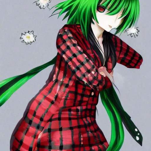 Prompt: an intimidating female flower plant youkai woman, yuuka kazami, with short wavy green hair and burning piercing red eyes, wearing a red plaid dress, 4 k digital beautiful detailed character art portrait