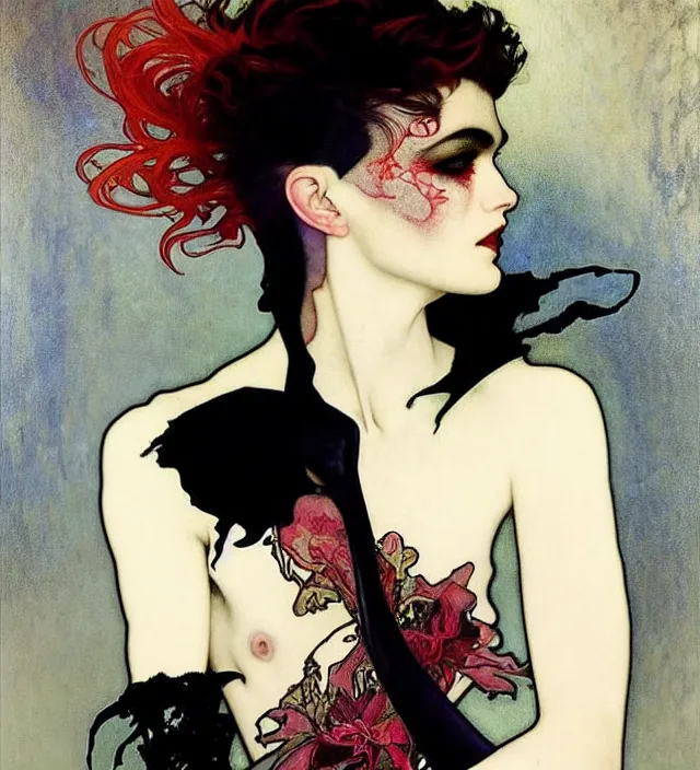 Image similar to stunning portrait of highly details androgynous ruby rose as desire from sandman, rockabilly style, white suit and black tie,, by egon shiele and alphonse mucha, with influence of jeremy mann, peter lindbergh, dave mckean, maurice sapiro, and frank moth, soft lightning, highly detailed, 8 k