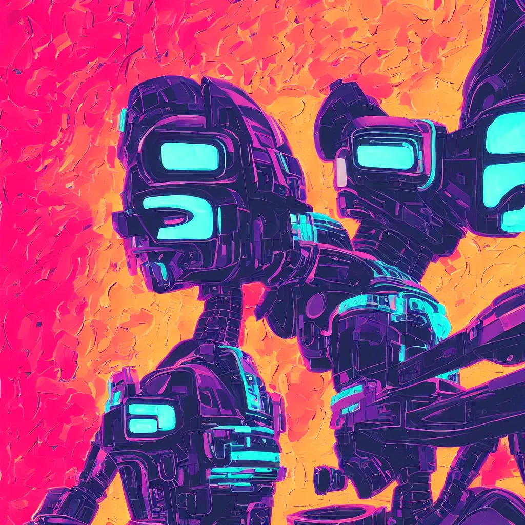 Image similar to a graph - style gouache impasto huge robot head in front of her, cyberpunk art by by james gilleard, cgsociety, retrofuturism, synthwave, retrowave, outrun