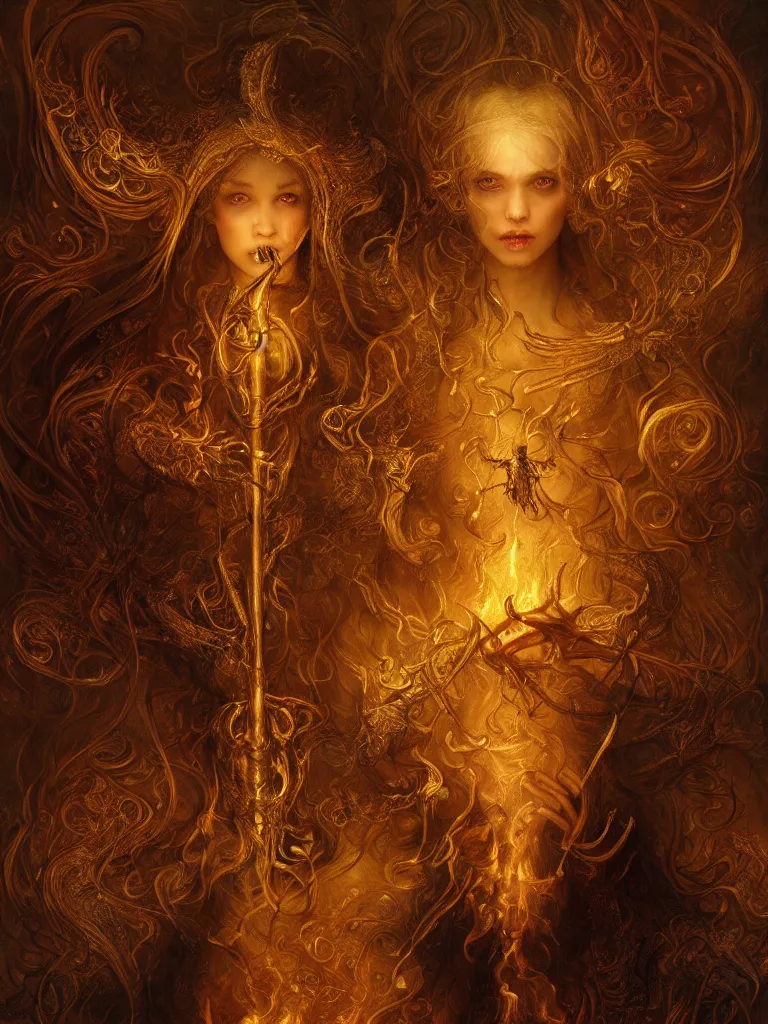 Prompt: breathtaking detailed soft painting of a grim reaper with an intricate golden scythe and cloak of fireflies and embers, rembrandt style, christian saint, detailed art nouveau stained glass of flames background, elegant, highly detailed, artstation, concept art, matte, sharp focus, art by Tom Bagshaw, Artgerm and Greg Rutkowski