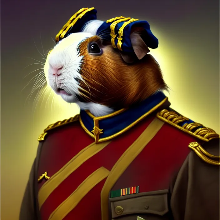 Image similar to guinea pig general wearing his uniform, looking proud as if he had won the battle. award winning, portrait bust, symmetry, faded colors, by larry elmore, masterpiece, trending on artstation, cinematic composition, beautiful lighting, hyper detailed!!!, 8 k, oil on canvas