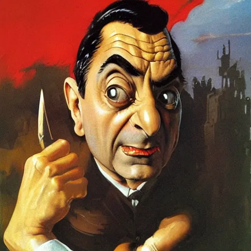 Prompt: mr. bean by frank frazetta