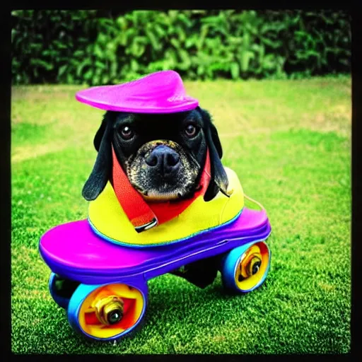 Prompt: “dog wearing brightly colored rolling skates”