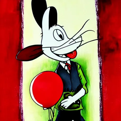 Image similar to grunge painting of bugs bunny with a wide smile and a red balloon by tim burton, detailed, elegant, intricate, conceptual