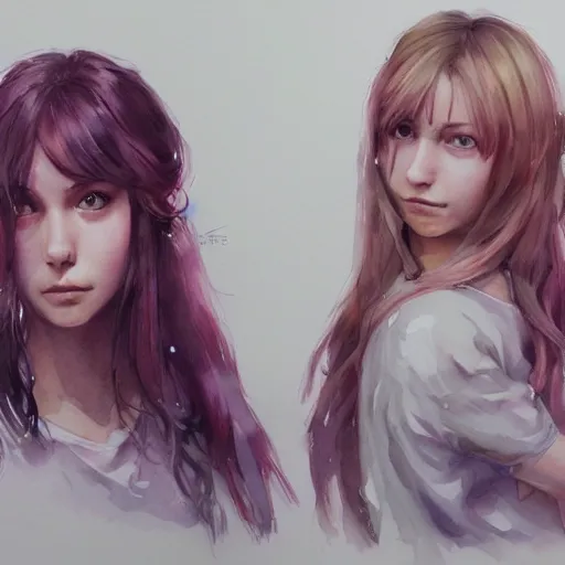 Image similar to a highly detailed portrait of sisters with purpure very very long hair, artstation, watercolor, highly detailed, portrait, by krenz cushart