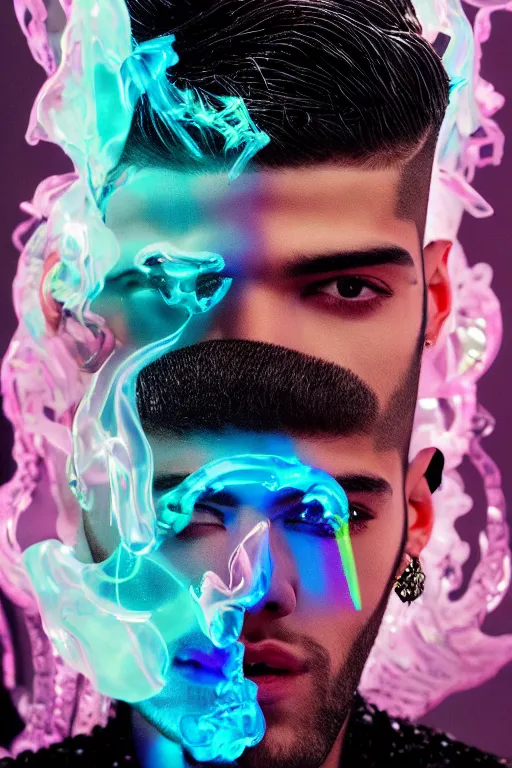 Prompt: hyper detailed ultra sharp photo of fullbodied baroque and bladerunner delicate neon crystalline sculpture of seductive onyx albino glass prince zayn malik dotado pink iridescent humanoid deity wearing blue hooded metallic tuxedo holding an glass skull in a onyx dungeon, reclining, glowing magenta face, crown of white diamonds, cinematic lighting, photorealistic, octane render 8 k depth of field 3 d
